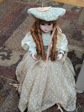 Maryse Nicole Porcelain Girl Doll in Cream Dress with Peach Accents